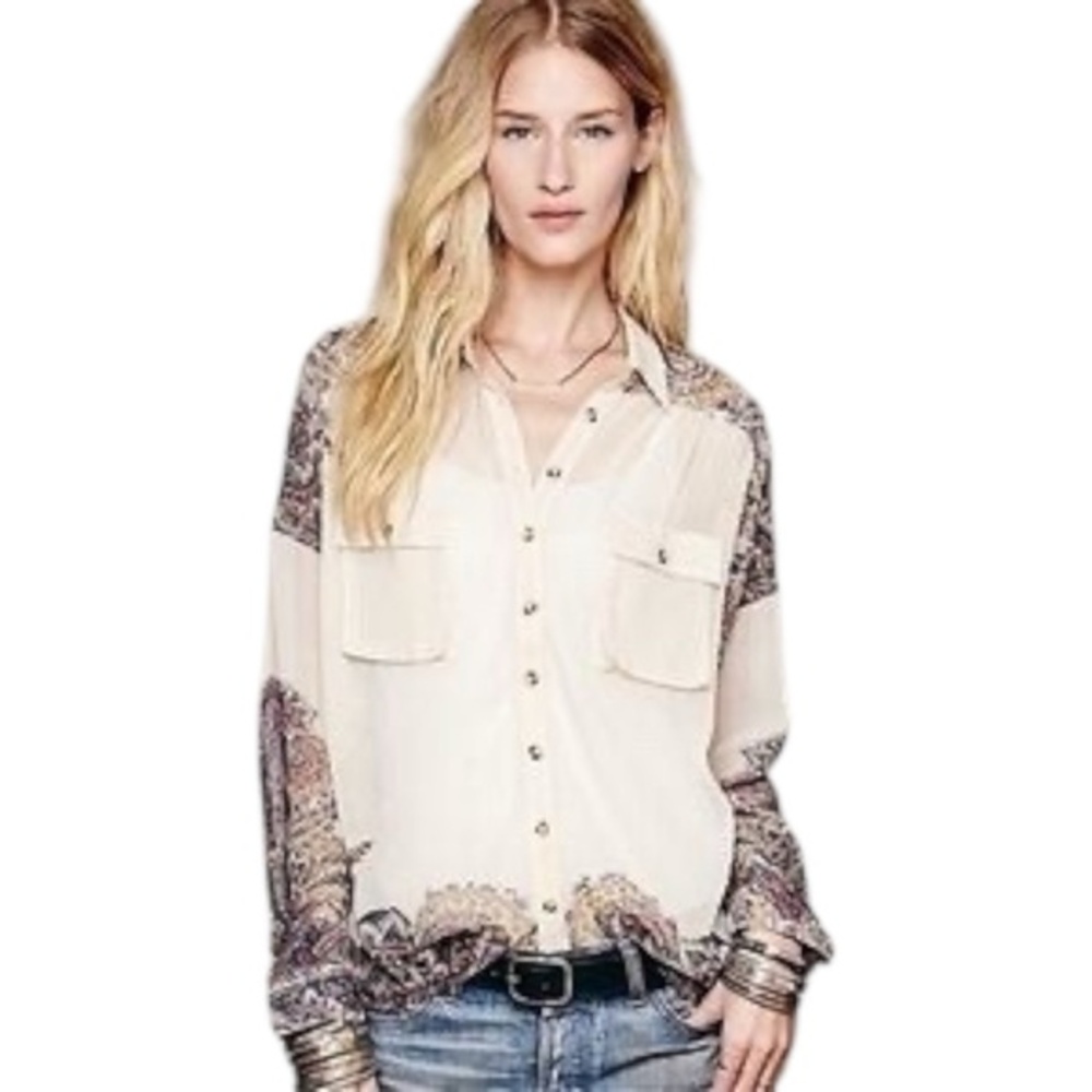 Free People Easy Rider‎ Boho Sheer Paisley Long Sleeve Button Down Blouse size S